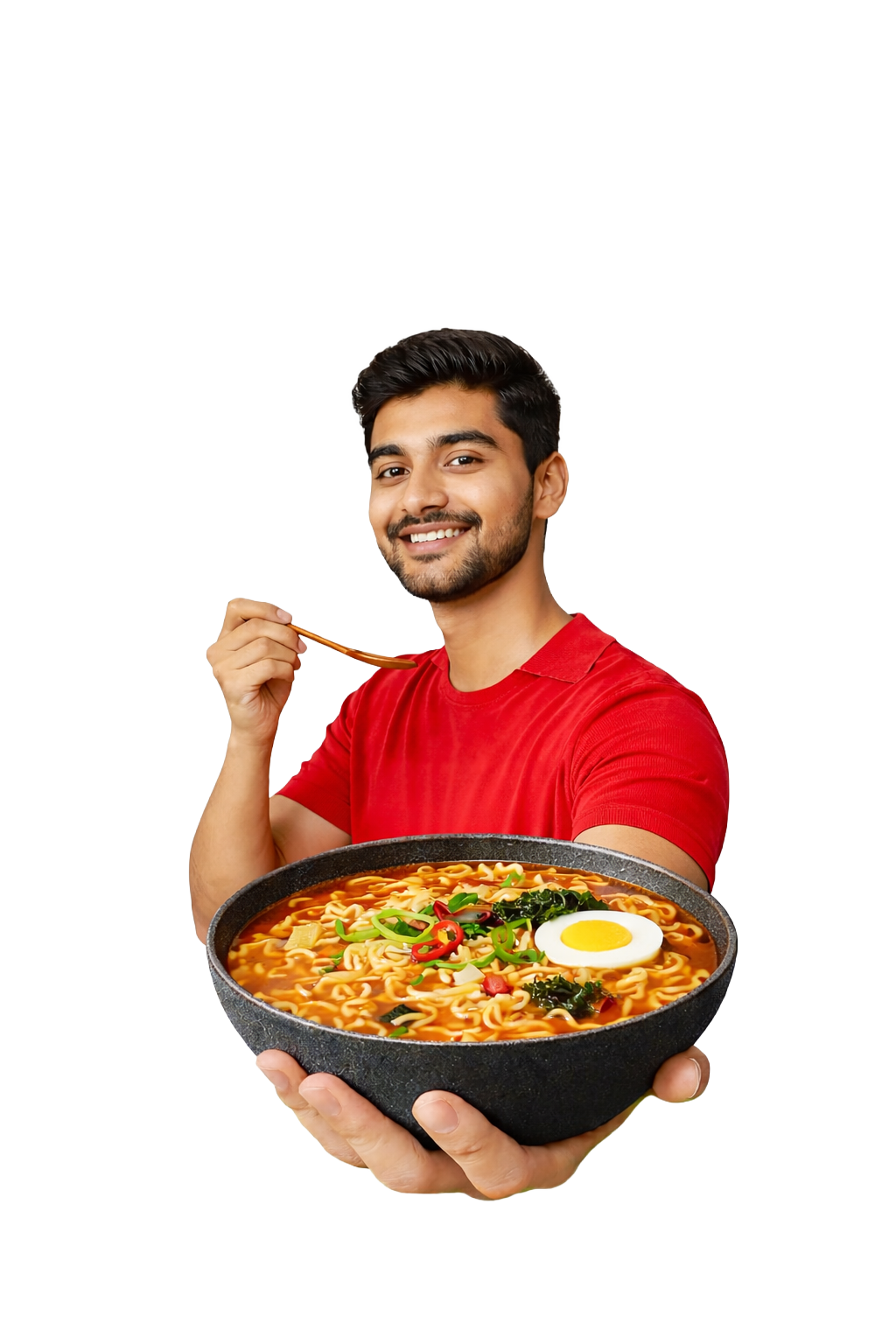 Boy holding ramen bowl