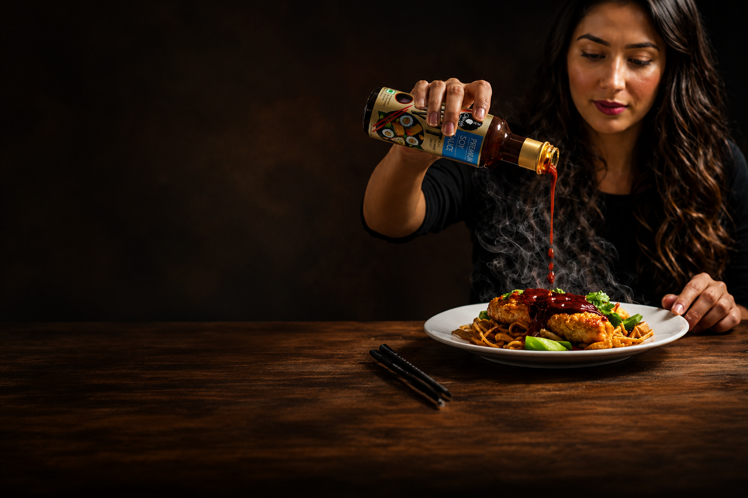 Pouring soy sauce on food