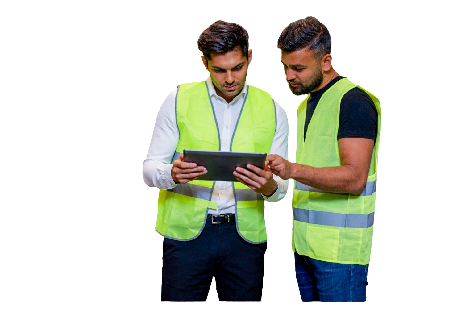 Logistics workers discussing on a tablet