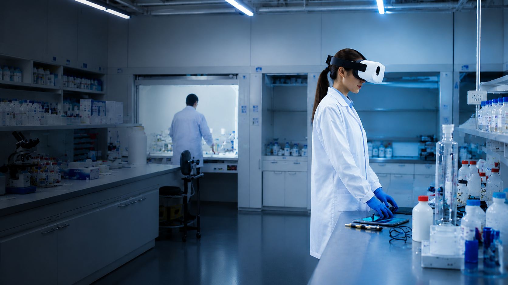 Scientist wearing a VR headset in a lab