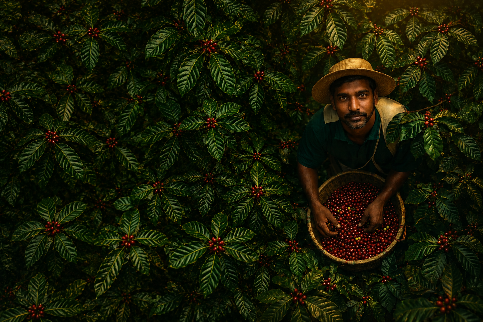 Farmer holding a basket of freshly picked coffee cherries